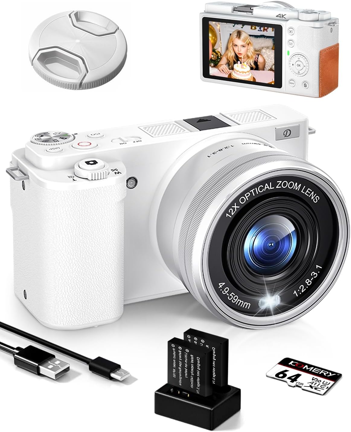 Ade - Appareil photo compact 4K 64 MP capteur CMOS - Zoom optique 12x écran 2,8 pouces Wi-Fi HDMI - Blanc avec carte 64 Go 2 batteries et chargeur