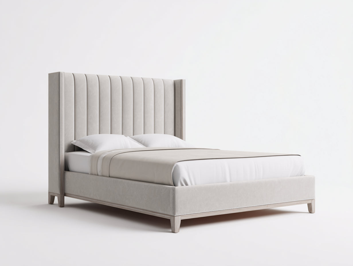 Lit double - velours-bois-métal - 208x168x121 cm - beige-blanc-marron - style moderne
