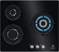 Electrolux KGE6633NOK plaque gaz - 3 zones largeur 60 cm avec brûleur Wok - verre noir et supports fonte - allumage automatique thermocouple sécurité et chaleur instantanée