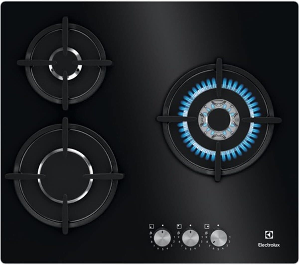 Electrolux KGE6633NOK plaque gaz - 3 zones largeur 60 cm avec brûleur Wok - verre noir et supports fonte - allumage automatique thermocouple sécurité et chaleur instantanée
