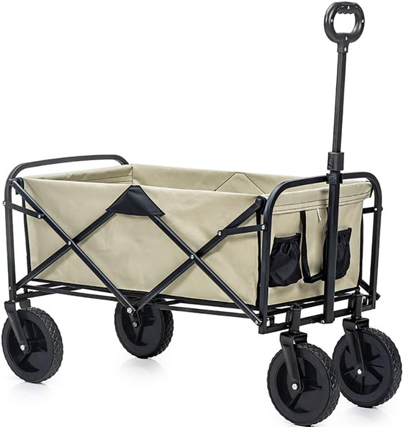 Chariot utilitaire pliable de jardin - structure robuste avec freins de roue - poignée réglable en acier allié - 2 porte gobelets finition bleue pour usage extérieur