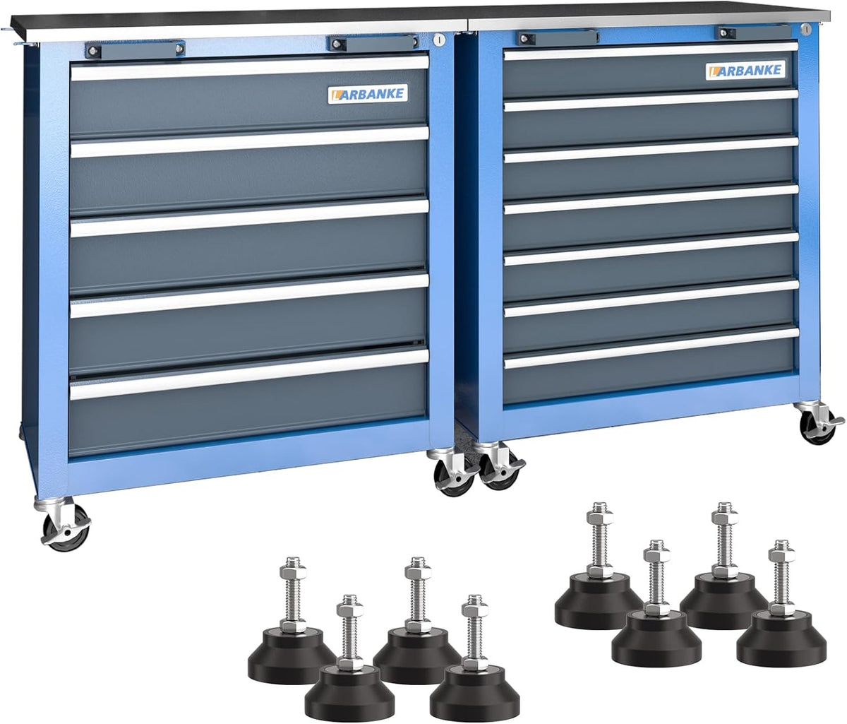 LARBANKE Servante à outils 12 tiroirs bleue - Plan de travail en acier inoxydable avec verrouillage - Meuble métallique sur roulettes - Configuration 5 plus 7 tiroirs