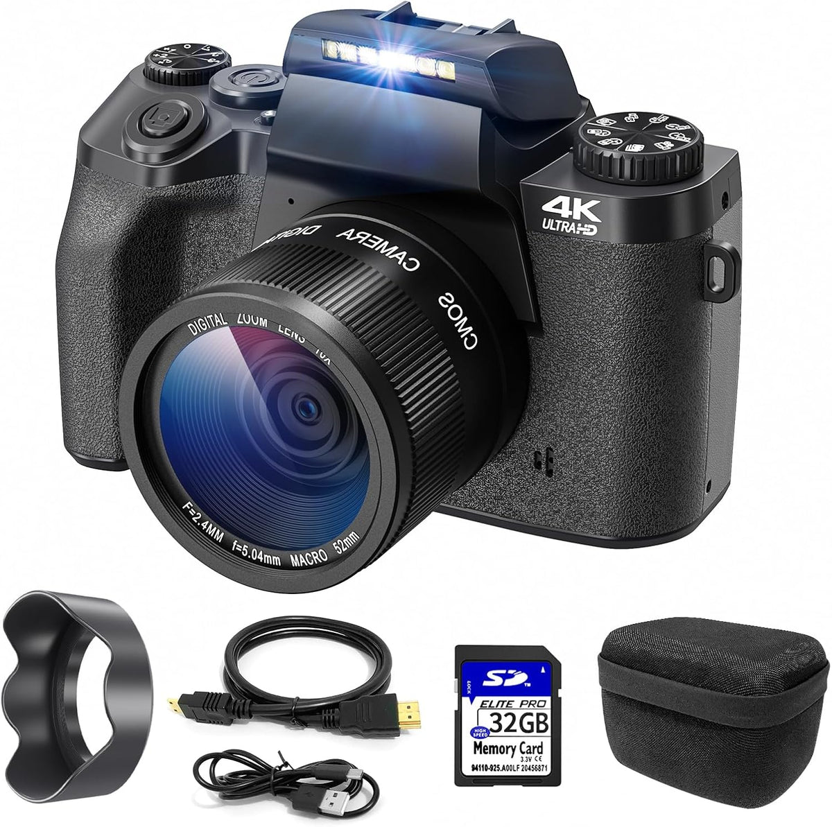 CCN - Appareil photo numérique 4K 64 MP double objectif - Écran tactile 3 pouces zoom numérique 16x et Wi-Fi - Noir avec carte TF 32 Go sacoche et capuchon
