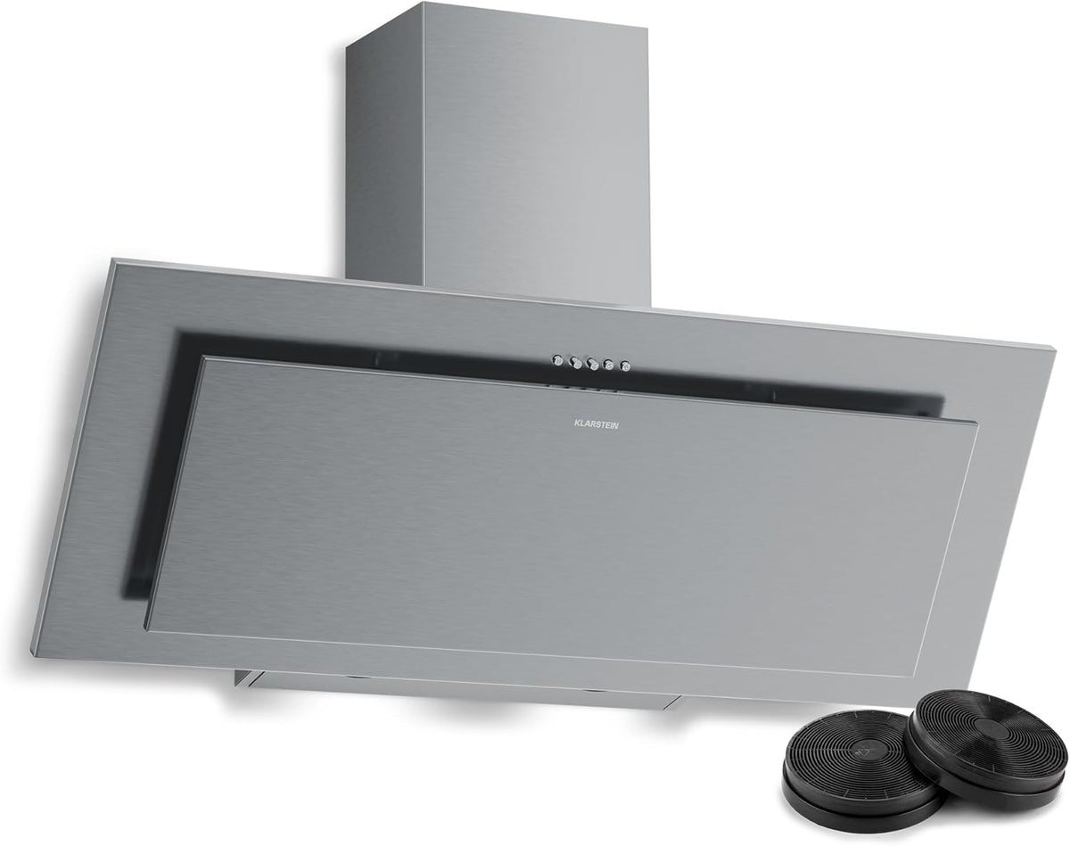 Klarstein Athena Hotte aspirante inclinée 90 cm - 3 vitesses avec recyclage ou évacuation - Éclairage LED et classe A+++ - Acier inoxydable design mural moderne