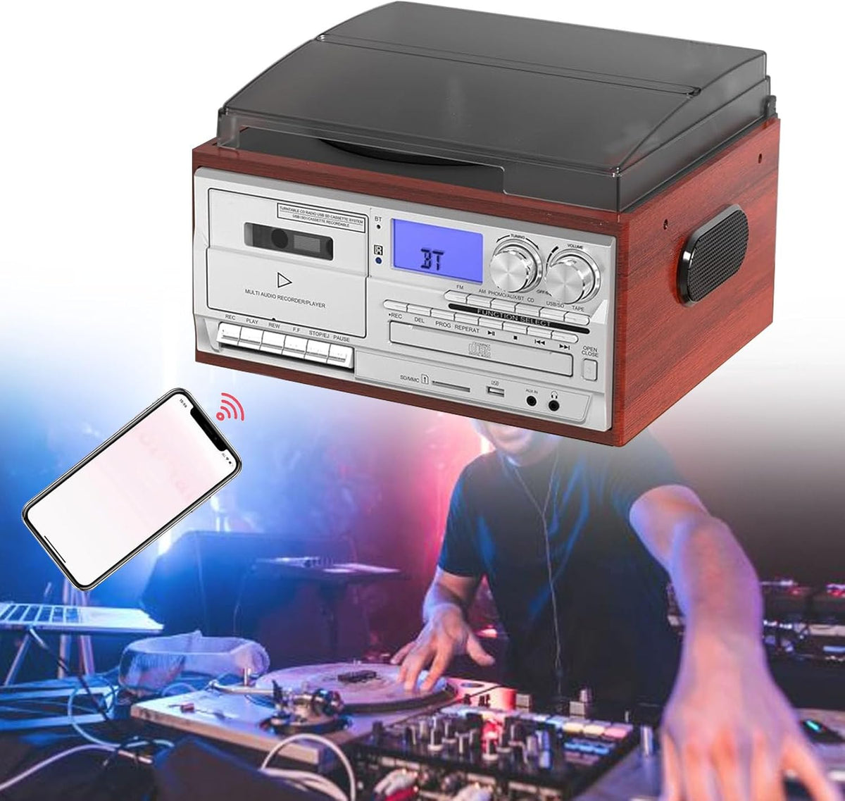 QFGain - Platine vinyle automatique à courroie 3 vitesses - Haut-parleur intégré format vintage portable - Modèle argent pour écoute de disques à domicile