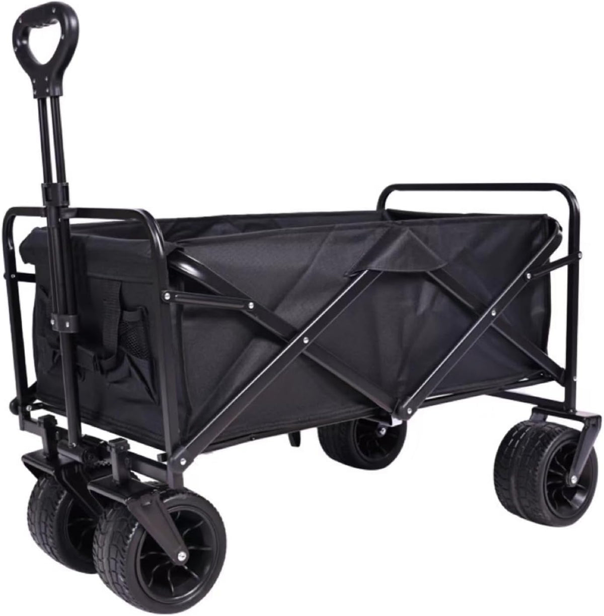 Chariot de plage pliable noir 100 l - Grandes roues tout terrain pour transport extérieur - 2 poches de rangement intégrées - Pour camping pique nique jardin et plage