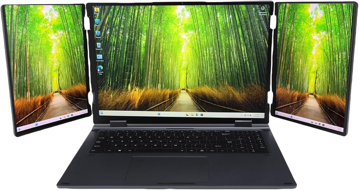 PUSOKEI ordinateur portable triple écran 16 pouces - Deux écrans auxiliaires 10,5 pouces - 16 Go RAM SSD 512 Go - Conception pliante portable avec prise UE