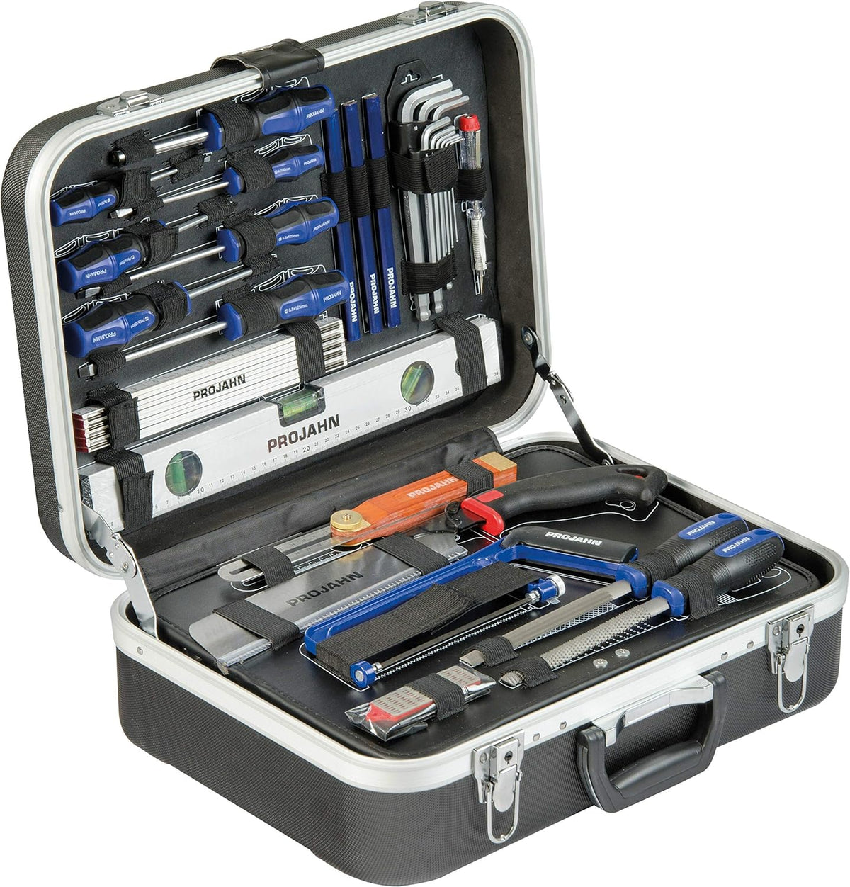 Projahn 8684 - Boîte à outils menuisier 92 pièces - Coffret plastique étanche avec 2 compartiments - Format noir 48,5 x 33,1 x 15 cm pour atelier et chantier