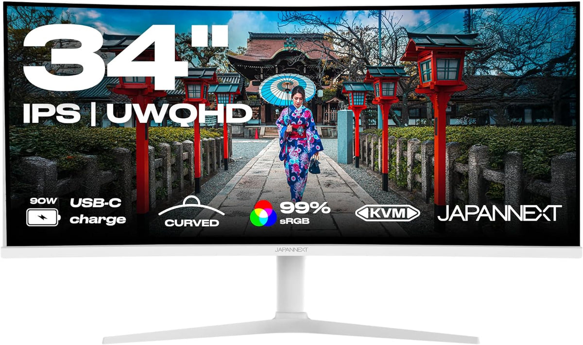 JAPANNEXT JN IPS34Q HC6 W Écran incurvé 34 pouces UWQHD blanc - Dalle IPS 3440 x 1440 HDR - USB C 65 W avec KVM - G Sync FreeSync hauteur réglable haut parleurs