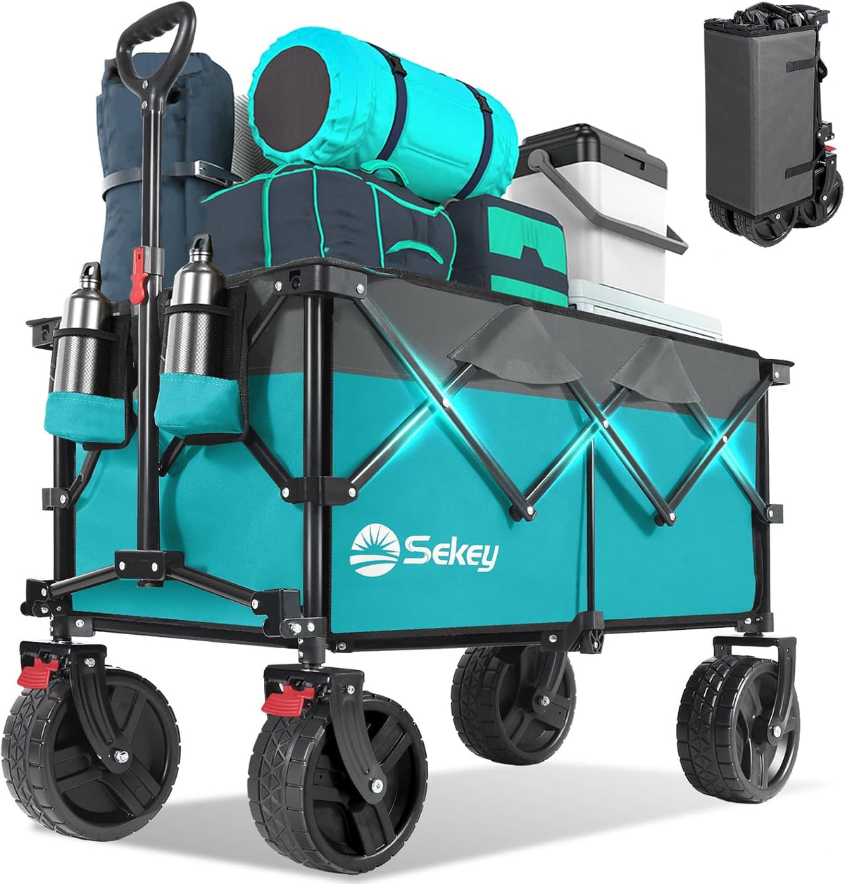 Sekey Chariot pliable utilitaire turquoise - Capacité jusqu à 99,8 kg avec structure métal - Grandes roues tout terrain avec frein - Poignée réglable porte gobelets deux sangles