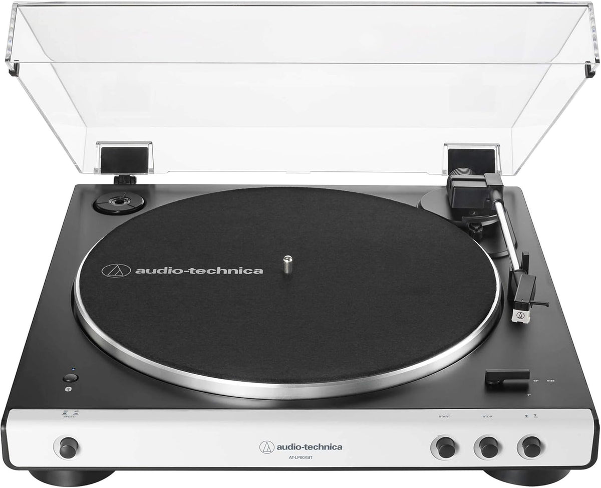 Audio-Technica AT-LP60XBTWH - Platine vinyle Bluetooth automatique à courroie - 33 et 45 tours préampli intégré - Modèle blanc compatible haut-parleurs avec plateau aluminium