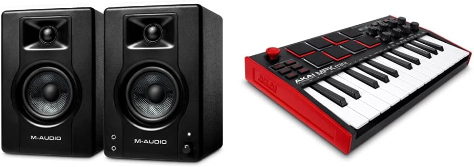 M-Audio BX4 avec AKAI MPK Mini MK3 - Enceintes monitoring actives 120 W et clavier MIDI USB 25 touches - 8 pads 8 potentiomètres - Bundle compact pour studio et production