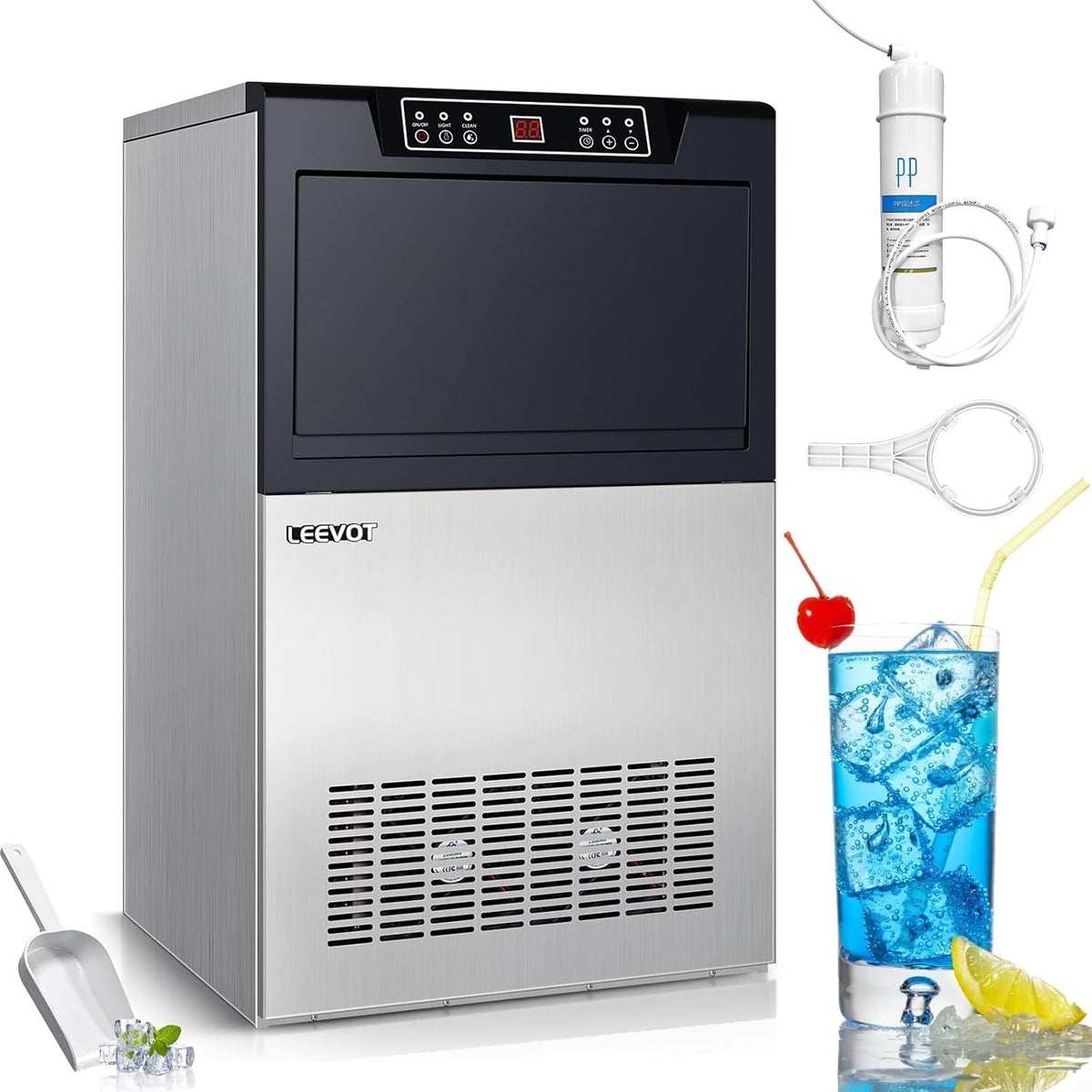 LEEVOT machine à glaçons professionnelle CIM 550F 45 kg par jour - 320 W - Machine à glace inox pour maison bar usage commercial