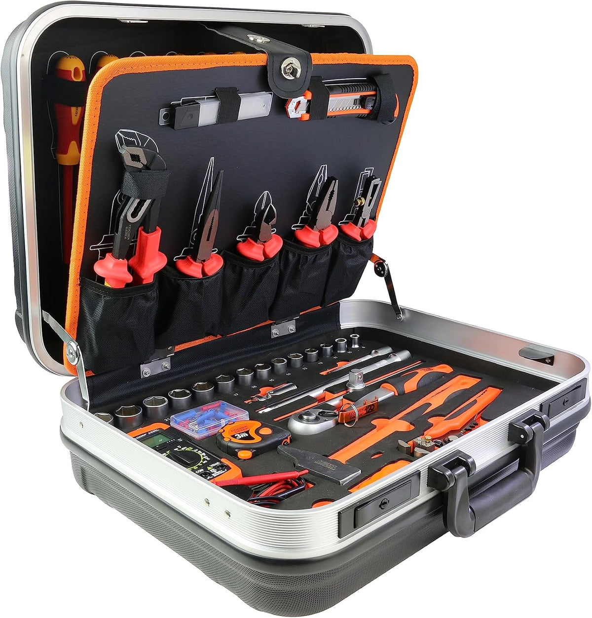 Valise de maintenance électricien 100 outils - Coffret noir orange 47 x 40 x 17 cm - 4 compartiments organisés - Ensemble complet pour interventions et maintenance