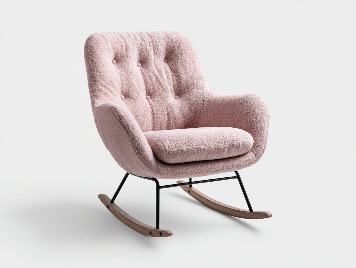 Fauteuil à bascule - tissu bouclé-métal-bois - 73x85x92 cm - rose-noir-bois - rétro