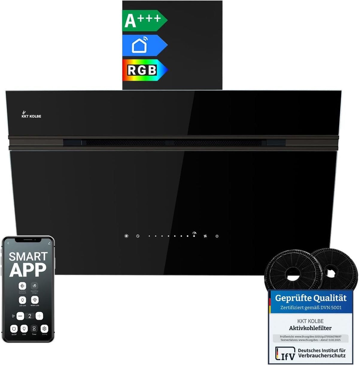 KKT KOLBE AURORA8005FB - Hotte aspirante murale 80 cm 782 m3 h - Recyclage ou évacuation avec WiFi application Smart SensorTouch LED - Verre noir finition laquée