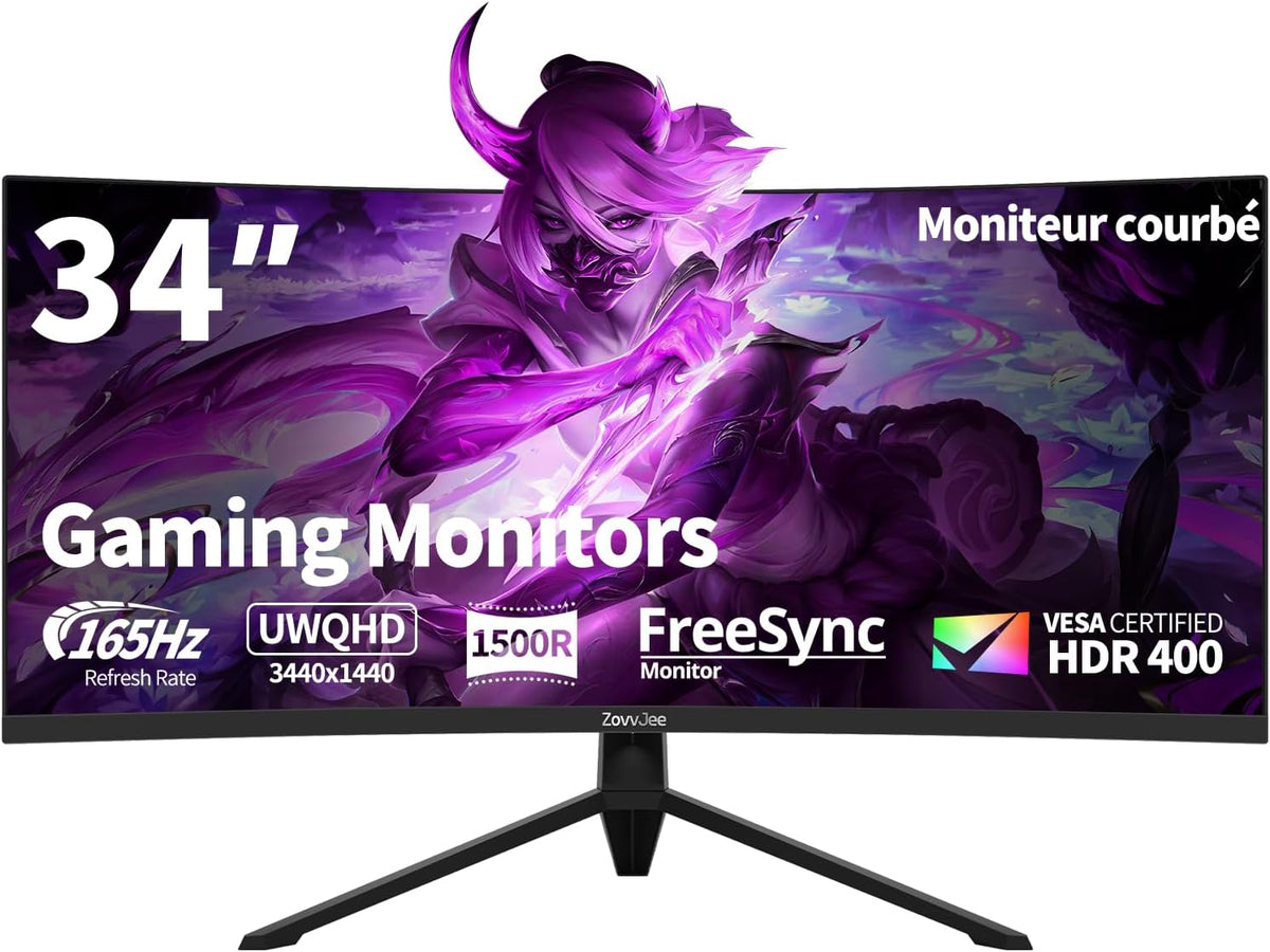 ZovvJee écran PC gamer incurvé 34 pouces - UWQHD 3440 x 1440 165 Hz et 1 ms MPRT - HDR400 FreeSync Premium - HDMI DisplayPort et montage VESA pour gaming ultra large