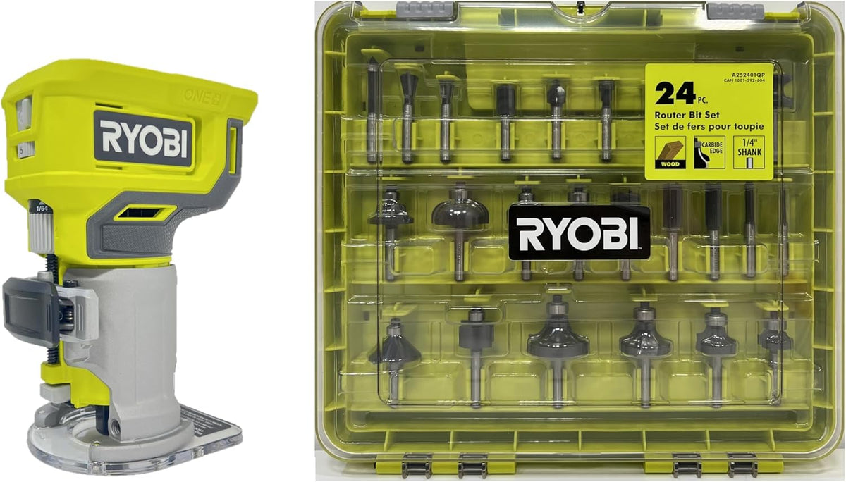 RYOBI ONE Plus A252401 - Défonceuse sans fil 18 V à base fixe - Jusqu'à 30000 tr min avec 24 embouts de défonceuse - Outil compact pour fraisage et finition du bois