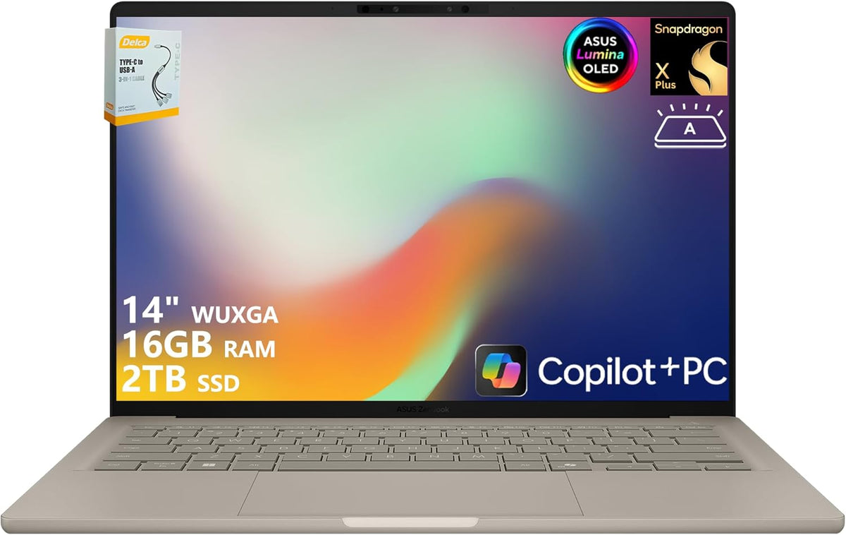 ASUS Zenbook A14 - PC portable IA 14 pouces WUXGA OLED Snapdragon X Plus - 16 Go RAM SSD 2 To Windows 11 Pro - Copilot jusqu'à 45 TOPS clavier rétroéclairé beige