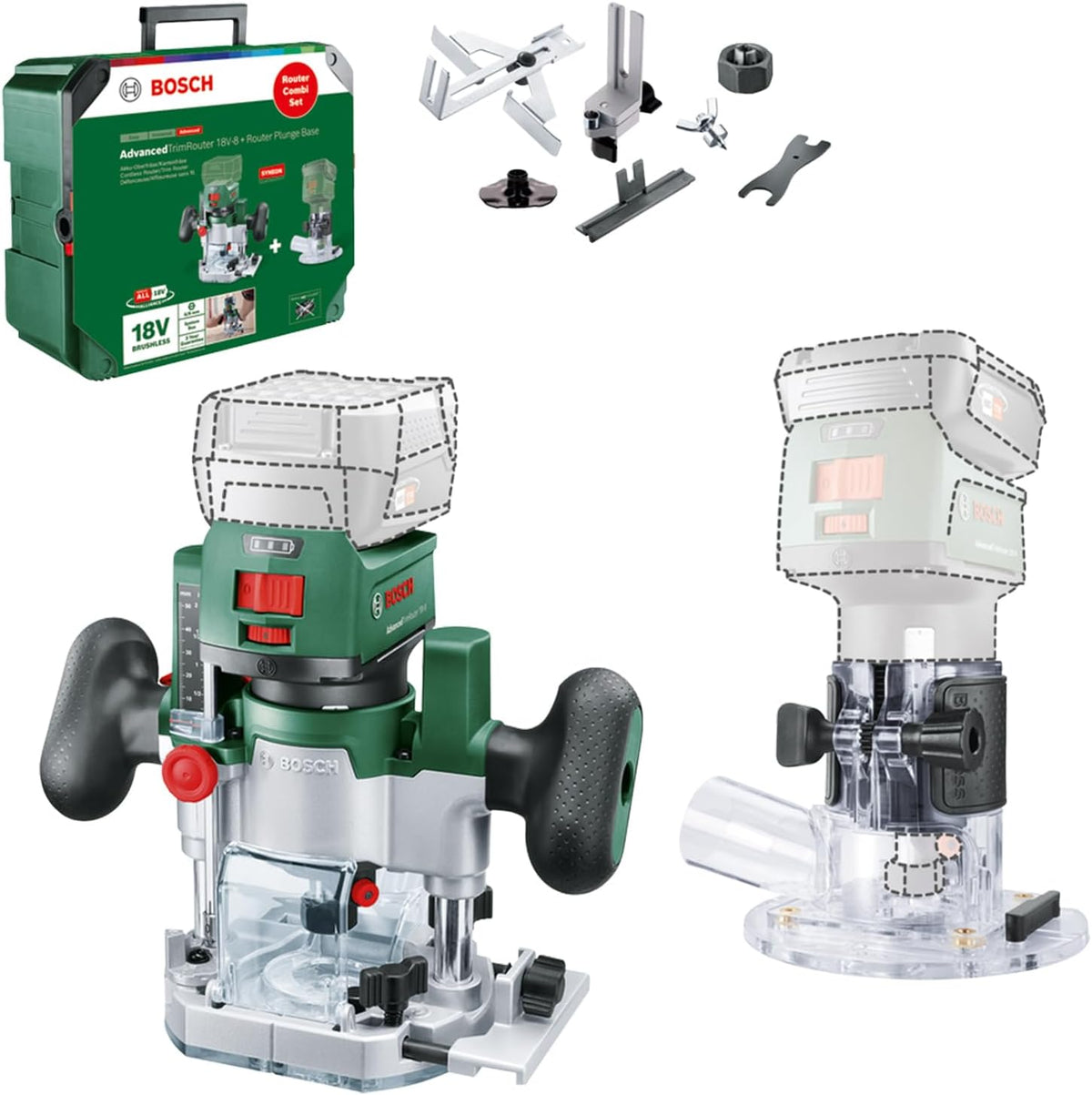Bosch AdvancedTrimRouter 18V 8 défonceuse sans fil 2 en 1 - Base plongeante et base de coupe - Pour bords fentes et motifs - Accessoires et boîte de rangement inclus