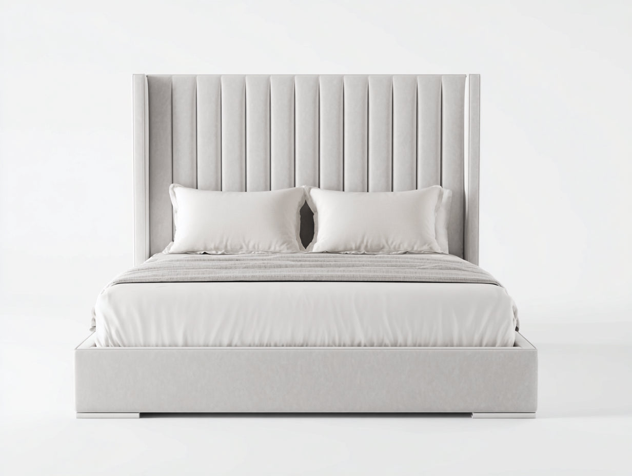 Lit double - velours-bois - 208x168x118 cm - gris clair-blanc - style moderne