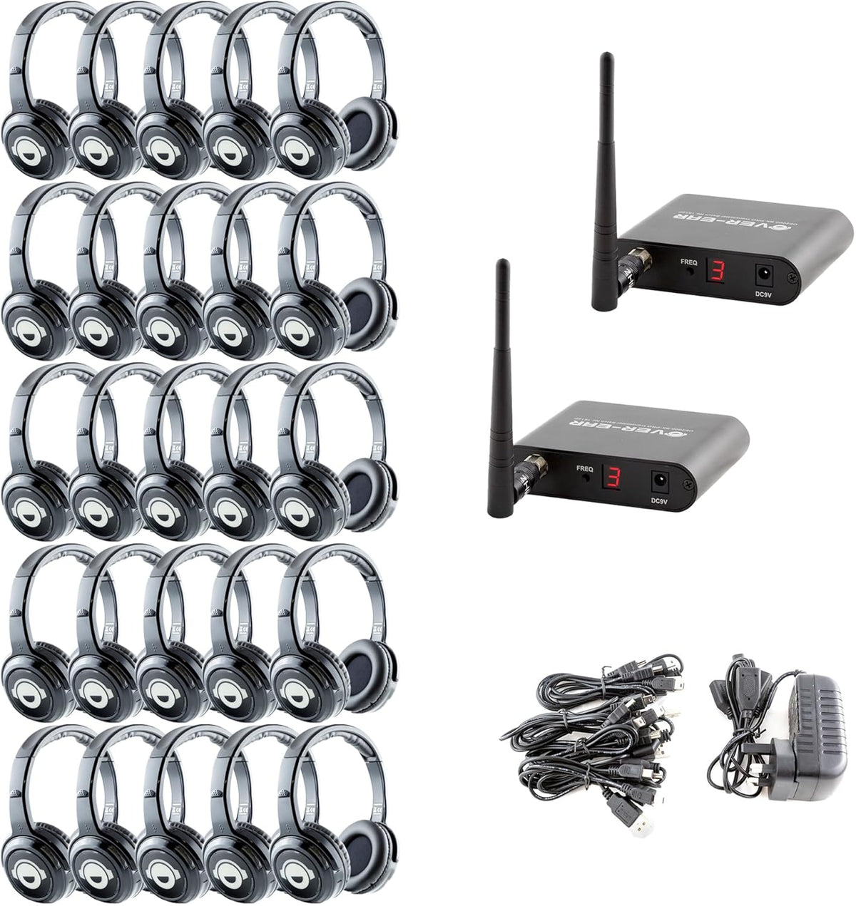 Lot 25 casques Silent Disco - modèles sans fil noirs circum auriculaires - UHF RF isolation acoustique - jack 3,5 mm pour événements soirées et écoute collective
