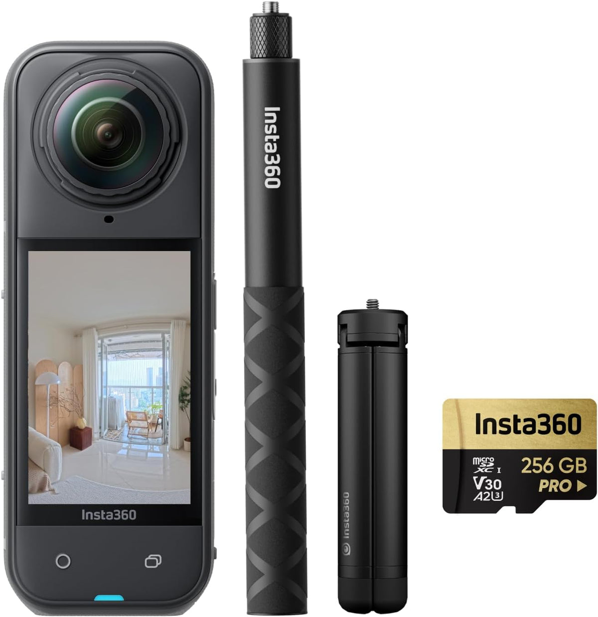 Insta360 X5 Pack Visite virtuelle Caméra 360 8K - Photo HDR 360 72 MP - Batterie 2400 mAh - Perche selfie invisible trépied avec écran 2,5 pouces HDMI USB