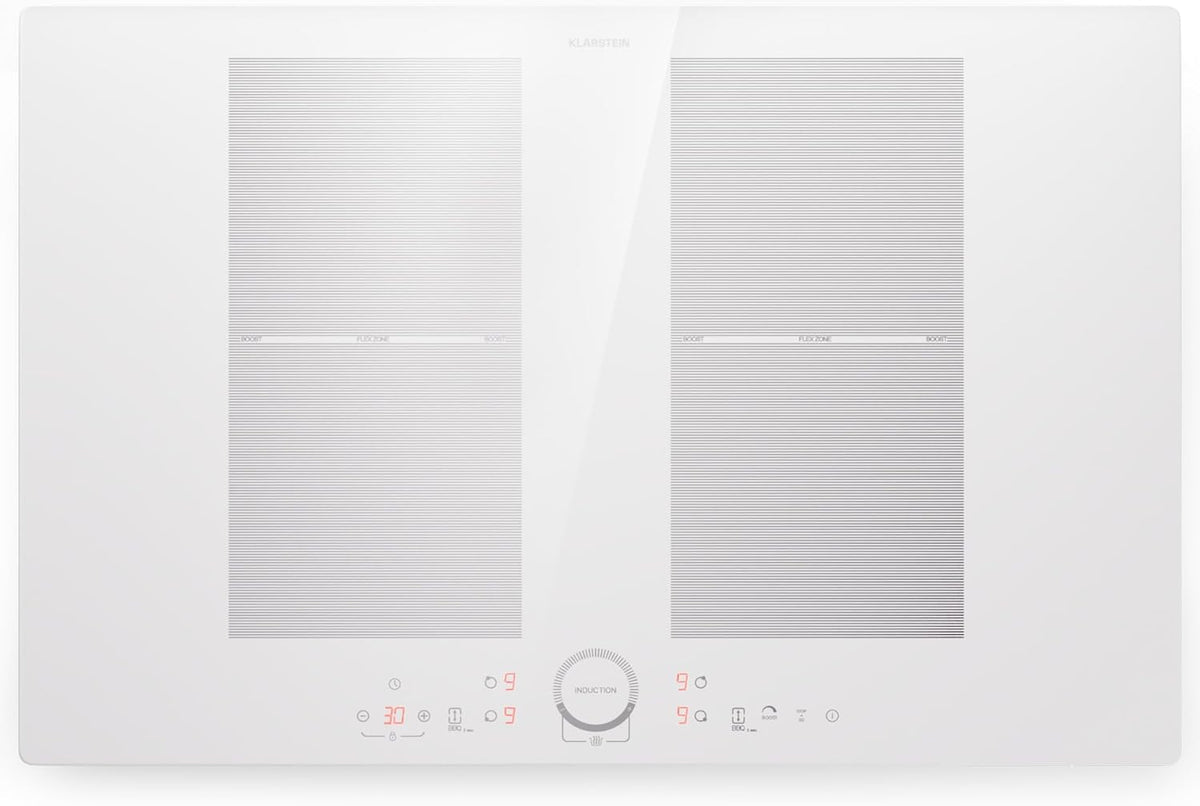 Klarstein Plaque à induction 7000 W - 4 foyers sur verre céramique blanc - Commandes tactiles avec affichage numérique - Minuterie pour cuisson encastrable