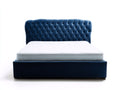 Lit double - velours-bois - 207x167x114 cm - bleu-blanc-noir - style capitonné