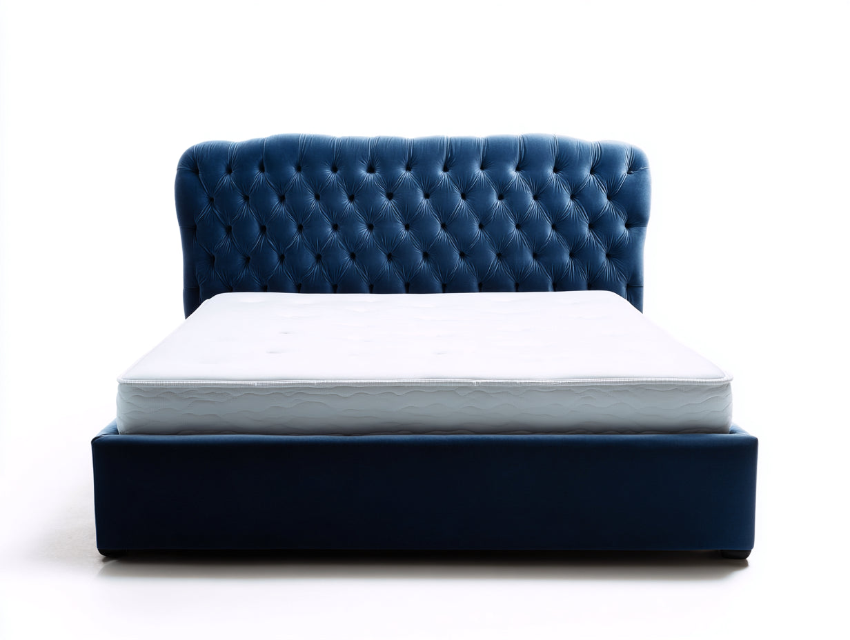 Lit double - velours-bois - 207x167x114 cm - bleu-blanc-noir - style capitonné