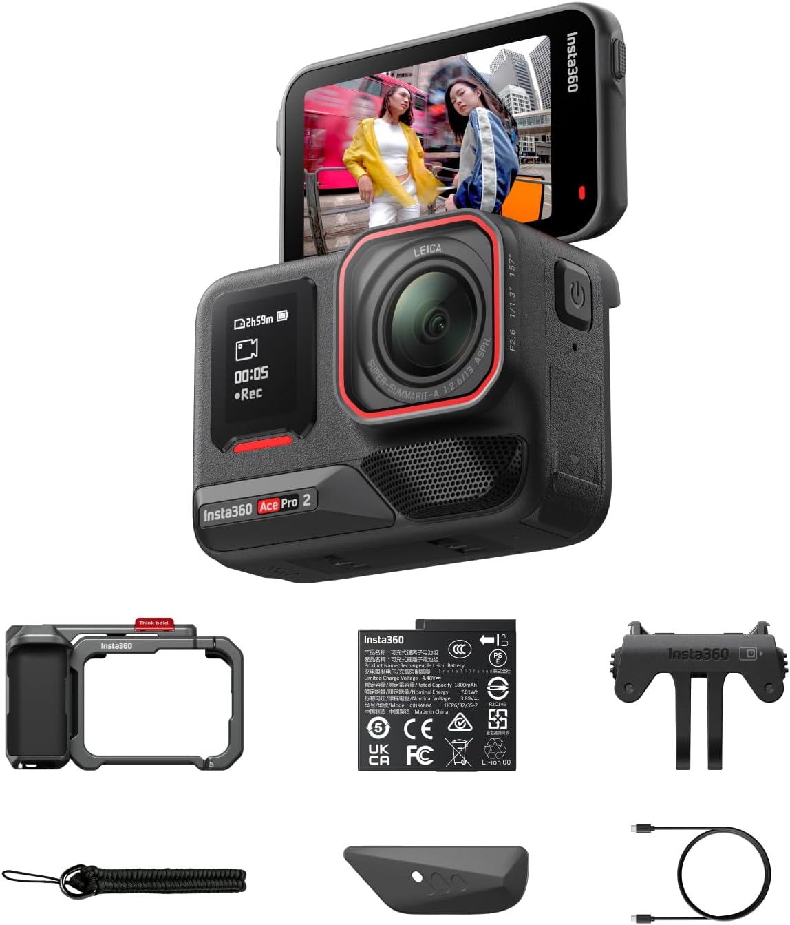 Insta360 Ace Pro 2 Xplorer caméra action - 8K et 4K capteur BSI CMOS 1 et 1,3 pouce - double puce IA basse lumière - écran rabattable 2,5 pouces audio avancé