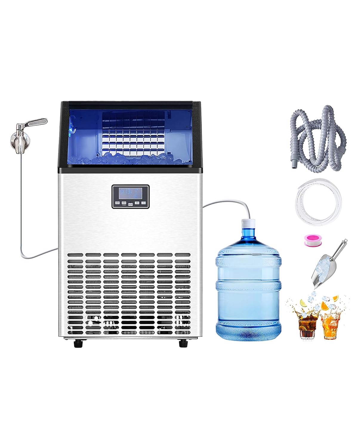 VEVOR HZB-45 - Machine à glaçons 45,4 kg par 24 h - Stockage 15 kg 45 glaçons en 15 min - Écran LED autonettoyage pour bar restaurant et usage professionnel
