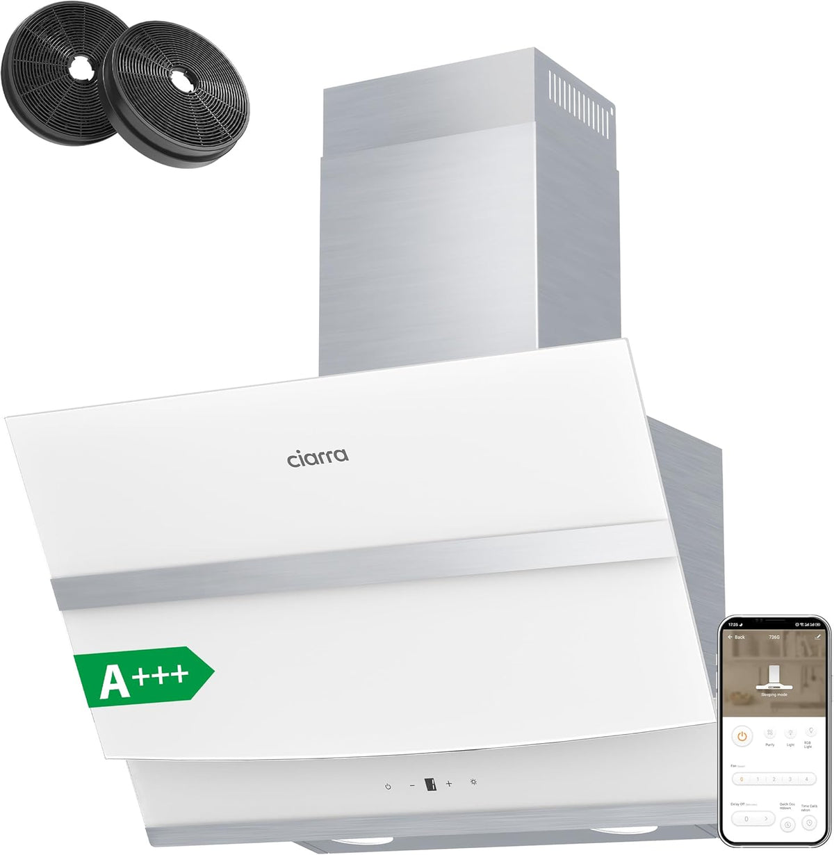 Ciarra ASW6736N Hotte inclinée blanche 60 cm - Débit 650 m3 par h avec 4 vitesses et Boost - Commande tactile WiFi - Filtre charbon CBCF003 inclus LED classe A+++