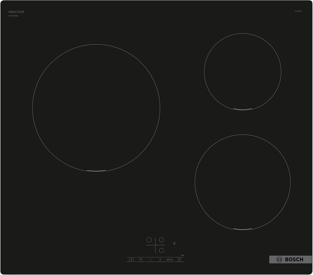 Bosch PUC611BB5H plaque induction Série 4 - 3 zones largeur 60 cm - surface vitrocéramique noire commandes tactiles - réglage chaleur pour cuisine encastrée