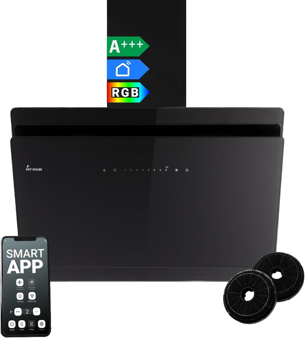 KKT KOLBE Hotte aspirante murale 80 cm - Débit jusqu à 782 m3 par h et classe A+++ - Contrôle WiFi SensorTouch automatique - Verre noir avec LED RGBW