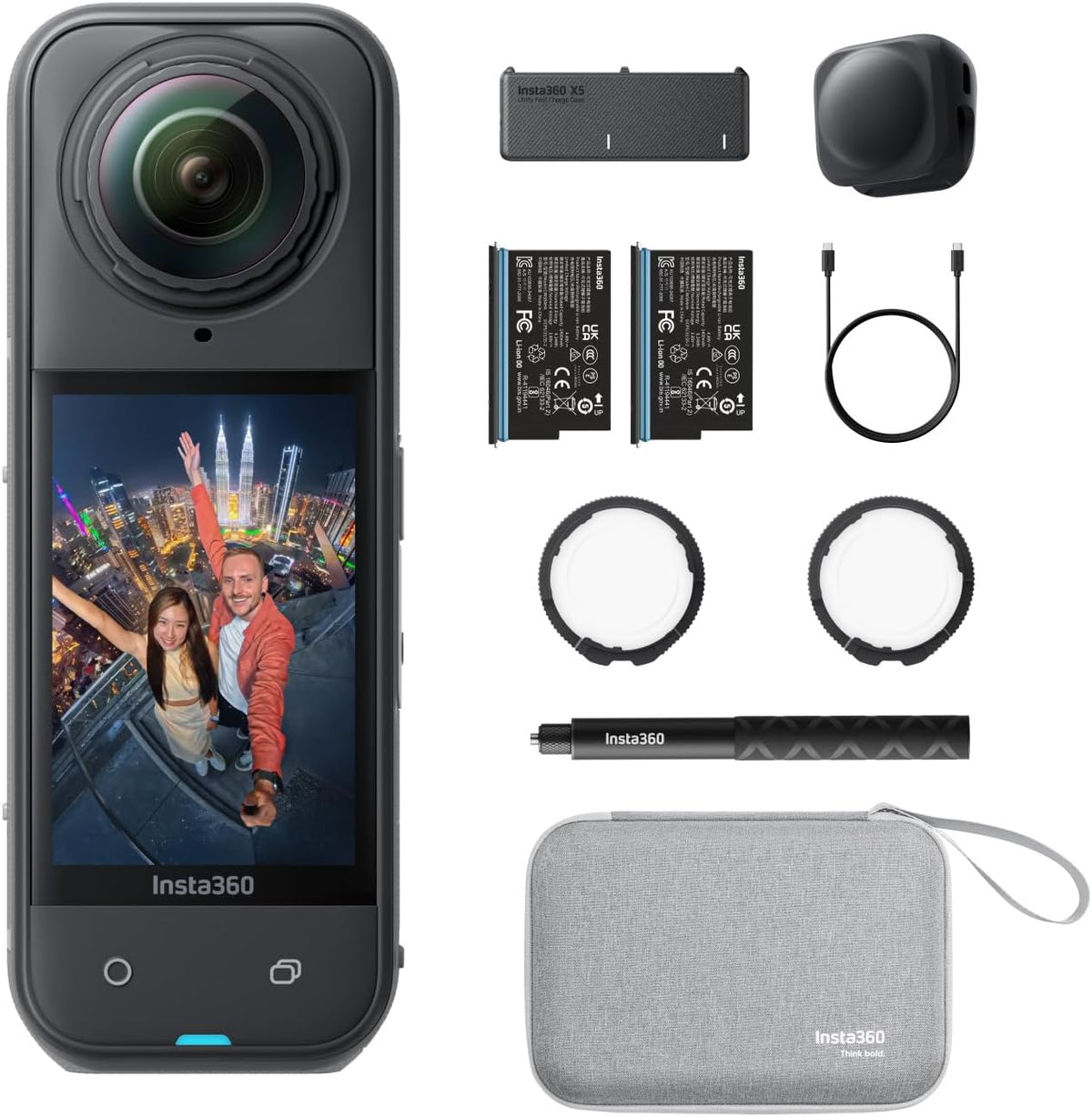 Insta360 X5 Pack Essentiels Caméra 360 8K étanche - Autonomie jusqu à 3 h et basse lumière - Perche selfie invisible et objectifs remplaçables - Stabilisation et pare vent