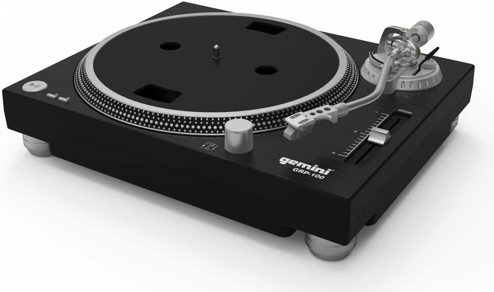 Gemini GRP 100 Platine vinyle USB noire - Entraînement par courroie manuel jusqu à 45 tr min - Câble USB inclus - Compatible haut parleur casque ordinateur portable