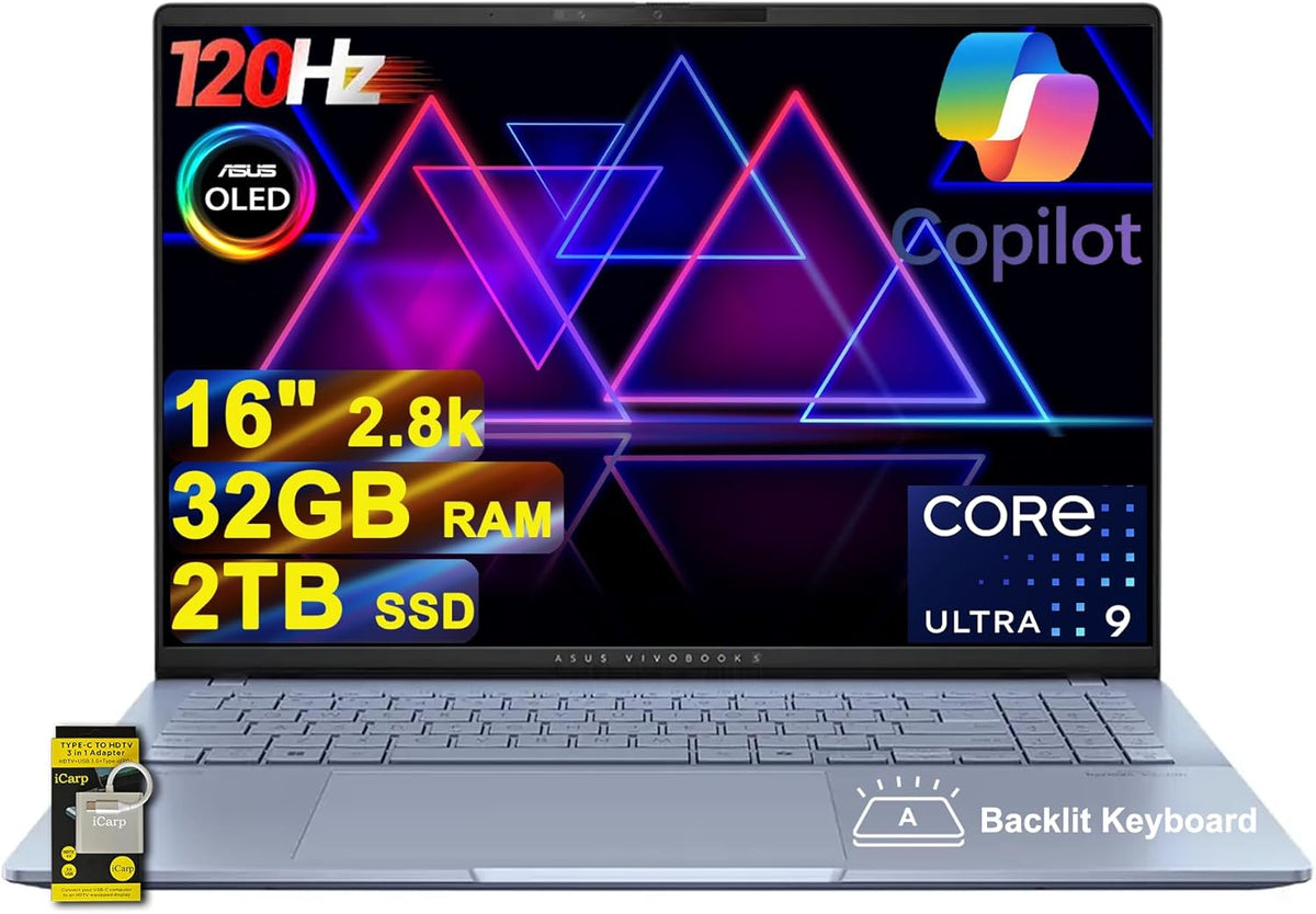 ASUS Vivobook S16 AI PC portable 16 pouces - OLED 2,8K 120 Hz Intel Core Ultra 9 285H - 32 Go RAM SSD 2 To - Windows 11 clavier rétroéclairé Mist Blue