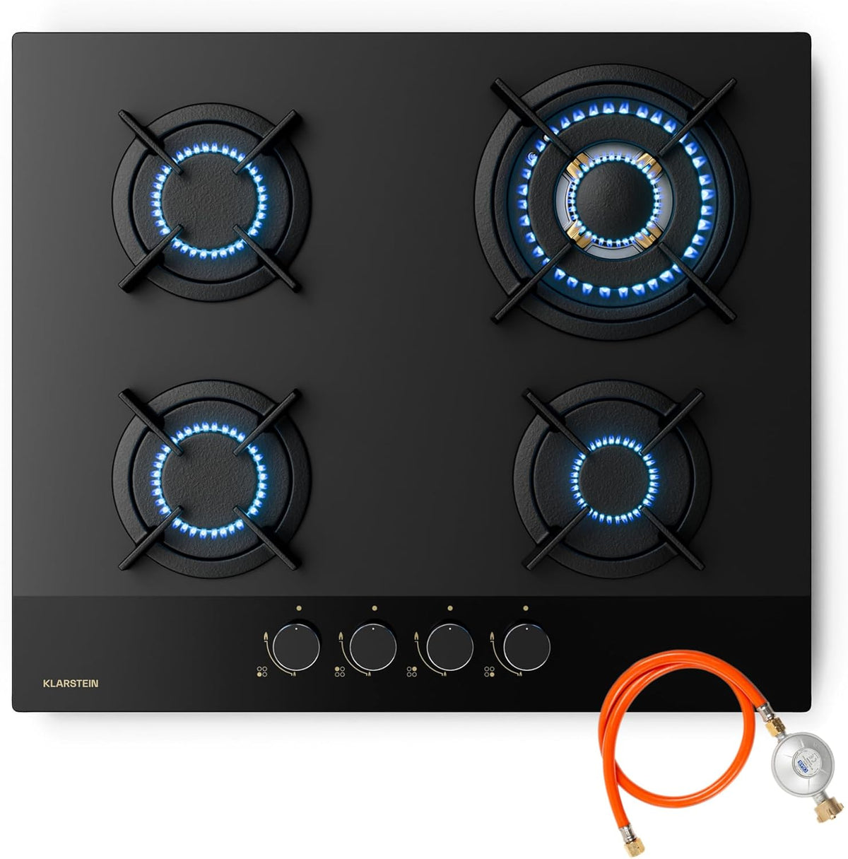 Klarstein Goldflame Nano Plaque gaz 8 kW - 4 brûleurs en laiton sur verre noir 60 cm - Compatible gaz naturel et GPL - Allumage automatique et sécurité flamme