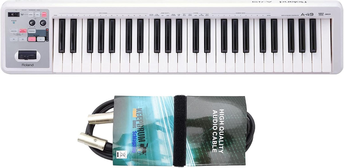 Roland A 49 clavier MIDI - 49 touches blanc léger pour studio et composition - connexion USB avec câble USB inclus - câble MIDI Keepdrum 2 m pour équipements compatibles