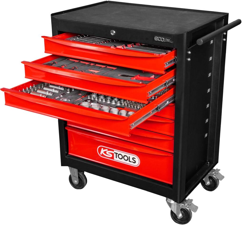 KS TOOLS Ecoline - Servante atelier 7 tiroirs avec 215 outils - Acier allié verrouillable sur roues - Format 74,8 x 45,9 x 101,4 cm rouge noir