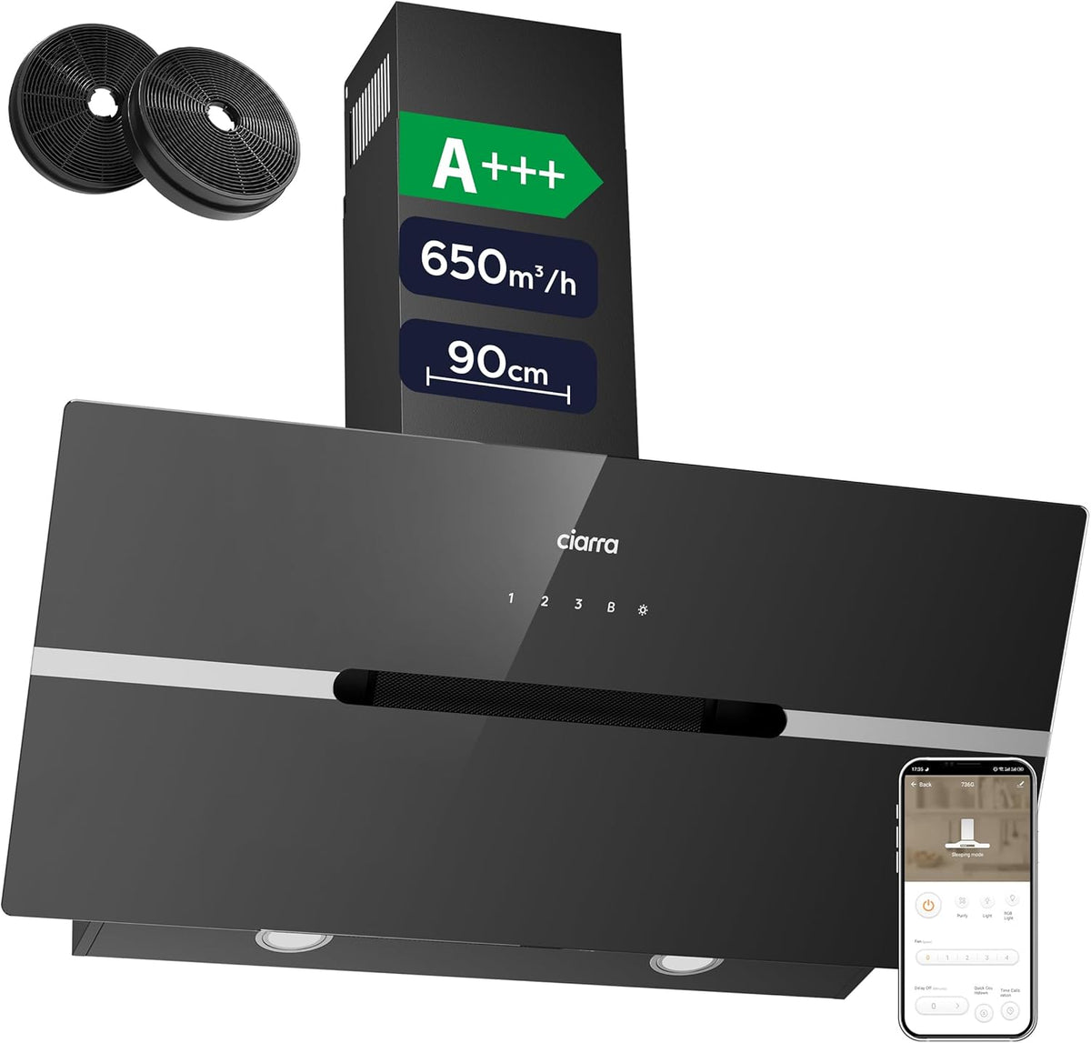 Ciarra CBCB9736F hotte inclinée 90 cm - débit 650 m3 h classe A+++ - WiFi commande tactile 3 vitesses et Boost - verre noir LED dimmable avec filtre charbon