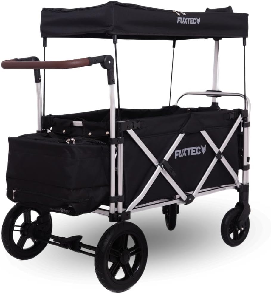 Fuxtec Super Cruiser Chariot pliable noir - Capacité de charge jusqu à 75 kg pour enfants - Toit pare soleil amovible harnais 5 points - Grandes roues pour plage ville forêt