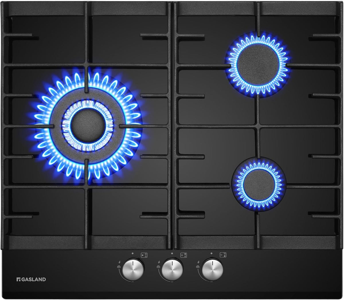GASLAND GH603BF Plaque gaz encastrable 6200 W - 3 feux avec brûleur wok sur verre noir 60 cm - Compatible gaz naturel et propane - Allumage automatique réglable