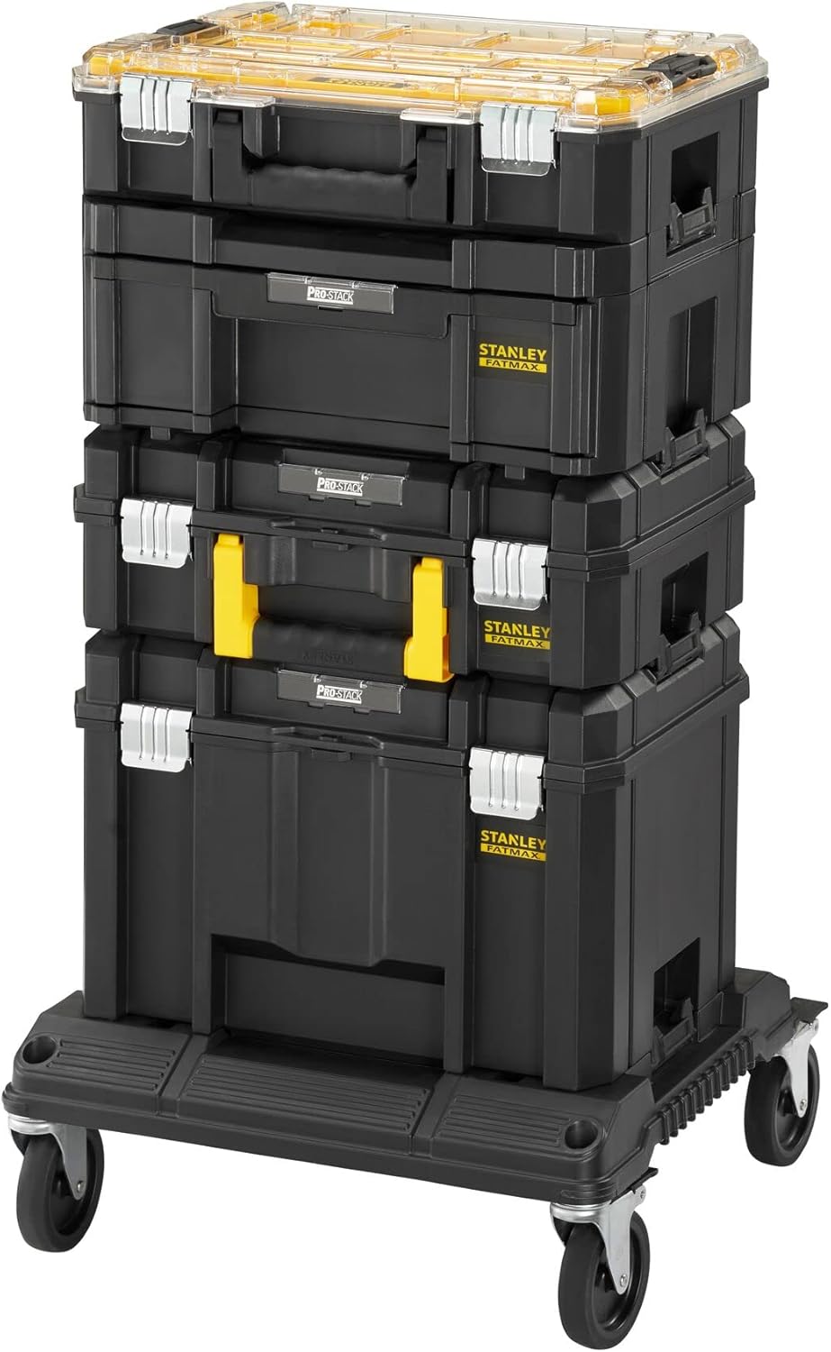 STANLEY FATMAX TSTAK PRO STACK FMST1 80107 Tour modulable - Charge maximale 100 kg - 5 compartiments pour outils - Structure métal jaune noir transparent sur chariot