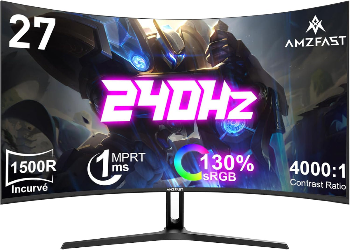 Amzfast AMZG27C1Pro écran PC gamer incurvé 27 pouces - Full HD 1920 x 1080 et 240 Hz - Temps de réponse 1 ms HDR Adaptive Sync - HDMI 2.0 DP 1.4 VESA 100 x 100