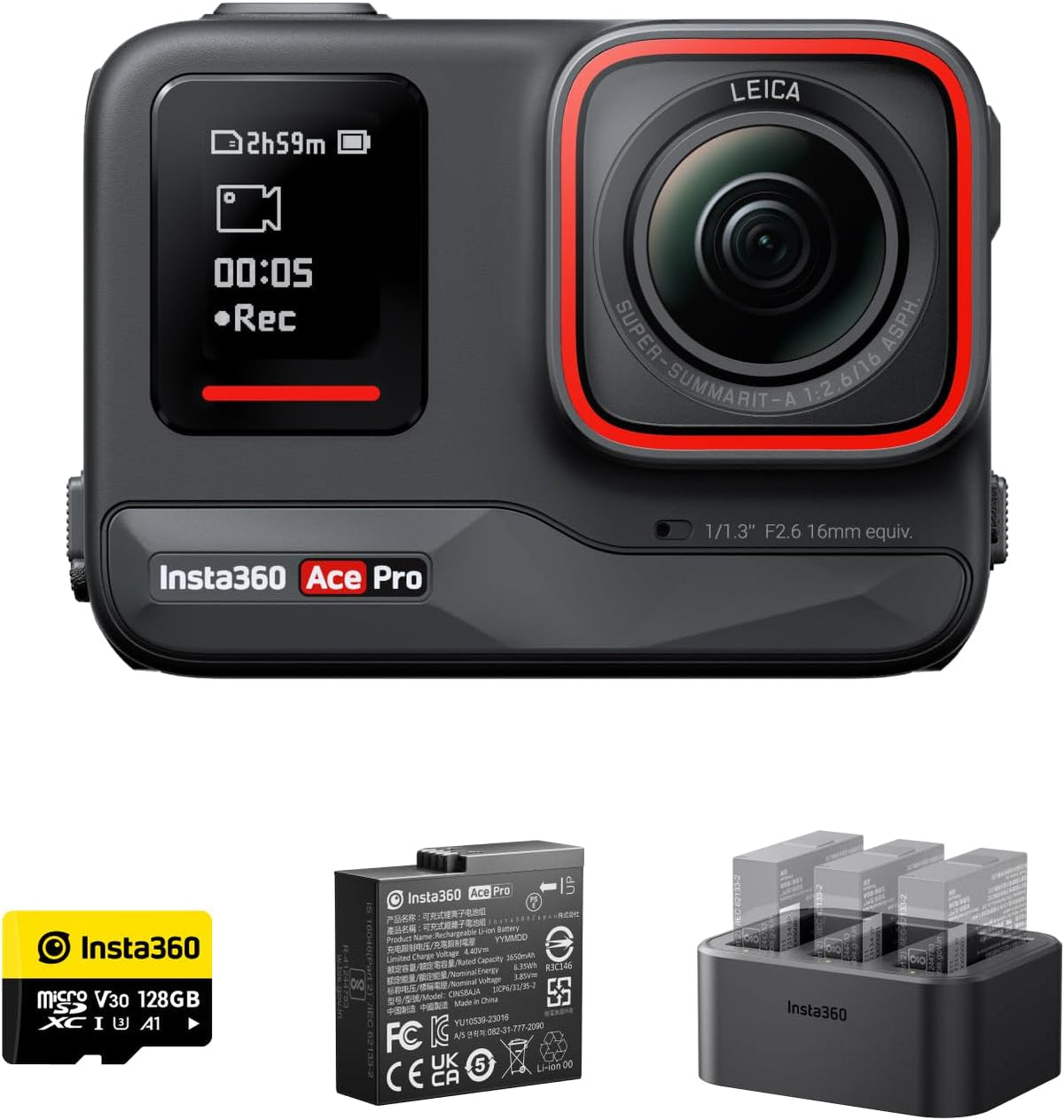 Insta360 Ace Pro Kit Endurance - Caméra action 4K 120 ips conçue avec Leica - Capteur 1 pour 1,3 pouce réduction bruit IA - Écran rabattable 2,4 pouces Wi-Fi Bluetooth