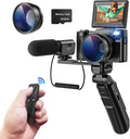 CCN V01 Pro Appareil photo numérique 4K noir 48 MP - Écran rabattable 180 degrés 3 pouces - Zoom numérique 16x - Trépied microphone objectifs grand angle macro carte TF 32 Go