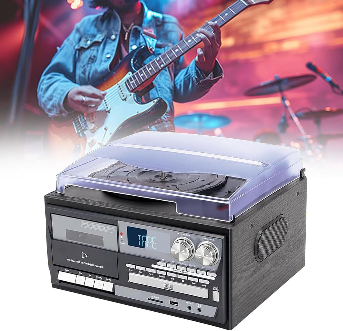 QFGain platine vinyle avec haut parleurs intégrés - Phonographe portable 3 vitesses lecteur CD cassette - Radio AM FM USB SD MMC - Entraînement par courroie noir