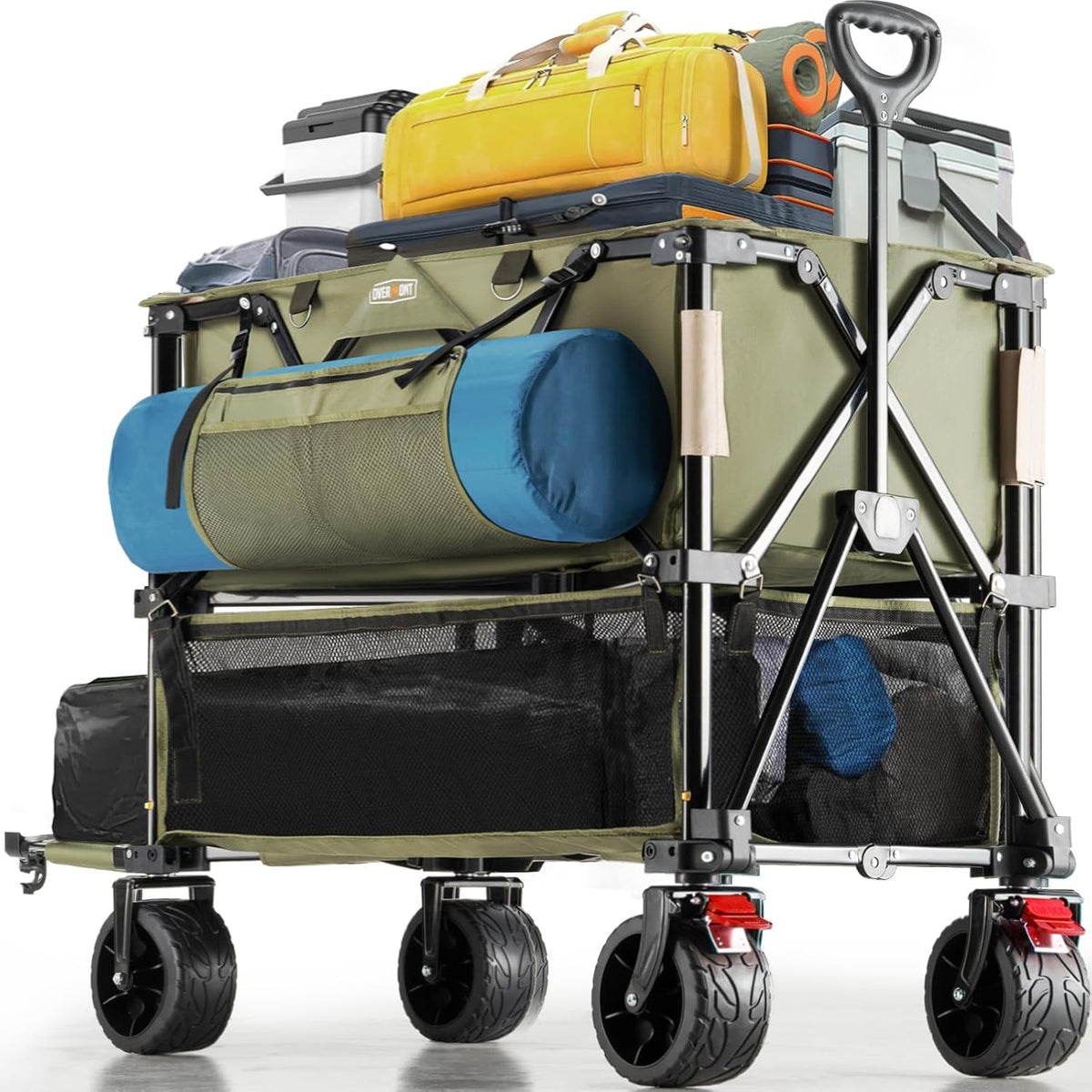 Overmont Chariot pliable extérieur à deux étages - Structure acier allié charge jusqu à 150 kg - Pont inférieur 119,4 cm grandes roues tout terrain - Camping sport plage jardin